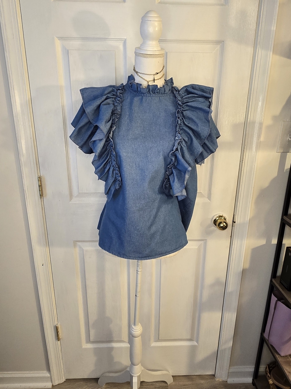 Denim Ruffle Sleeve Women's Top Denim Blue Feminine High Neck Ruffles Medium